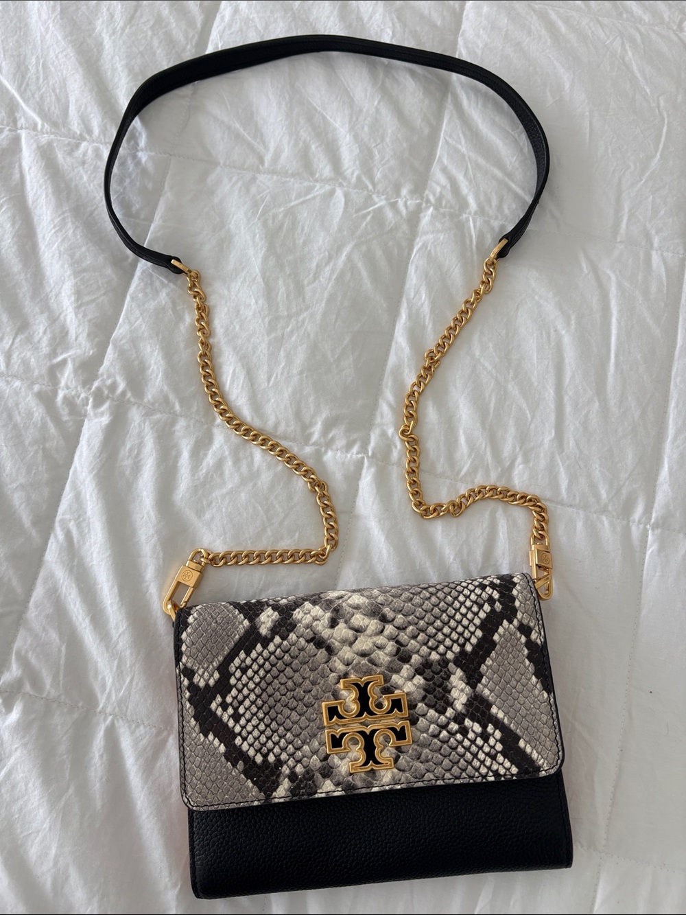 Tory Burch Black & Snake-Print Leather Chain Crossbody Britten Chain